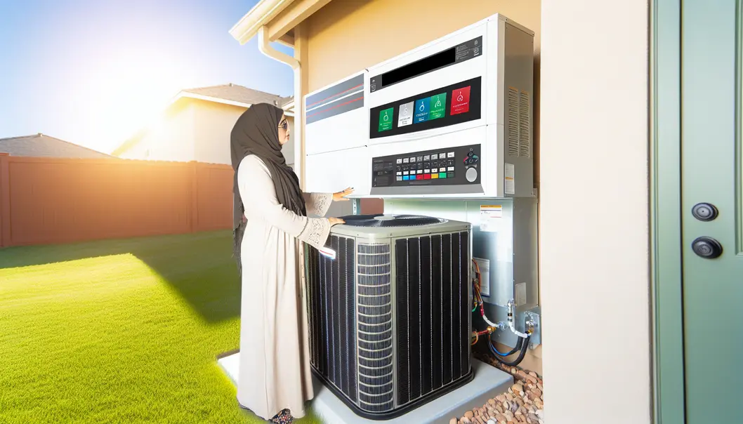 Houston homes experiencing intense summer heat, with visible heatwaves and modern AC units cooling indoor spaces.