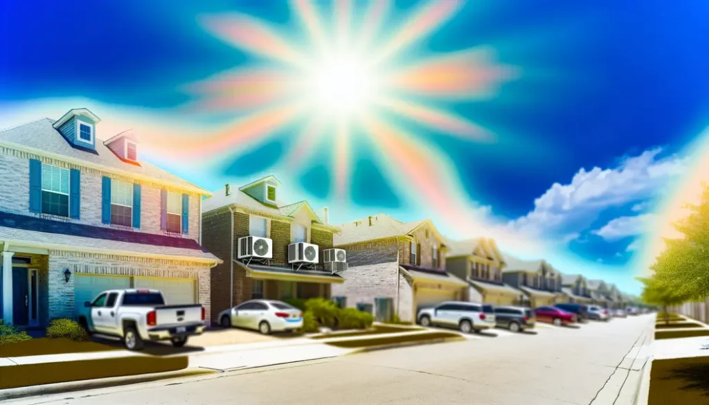 Houston homes with active air conditioning units during a hot summer day with visible heatwaves in the background.