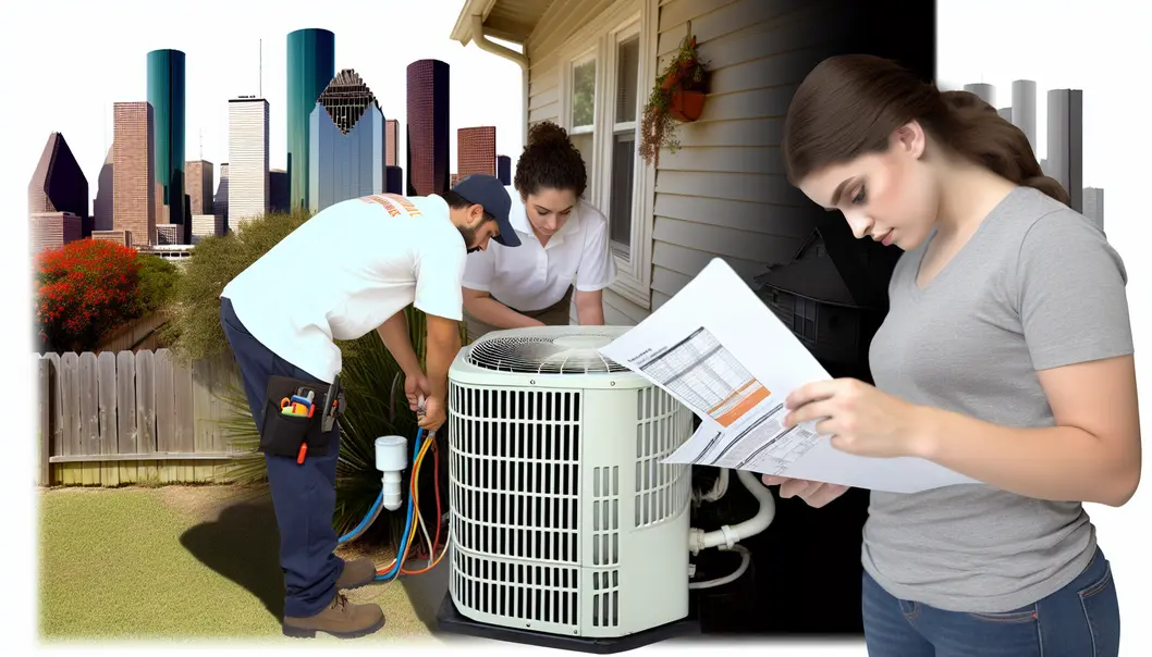 Houston home with AC unit and technician inspecting it, highlighting factors affecting AC costs.