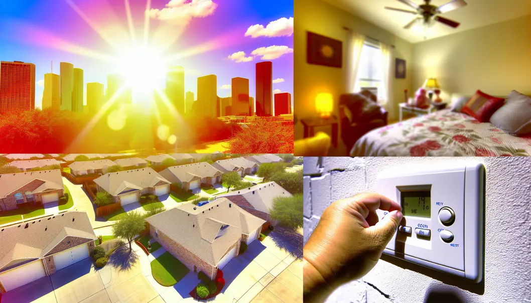 Houston homes experiencing intense summer heat, with visible heatwaves and modern AC units cooling indoor spaces.