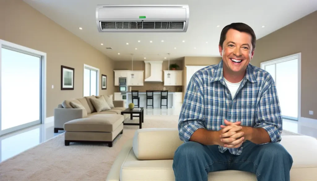 A smiling Houston homeowner relaxing in their air-conditioned living room, showcasing comfort and affordability.