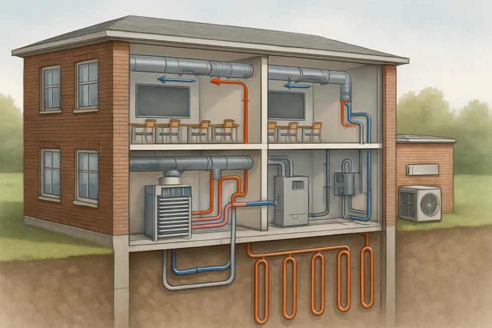 Modern school with geothermal HVAC infrastructure integrated into the campus.