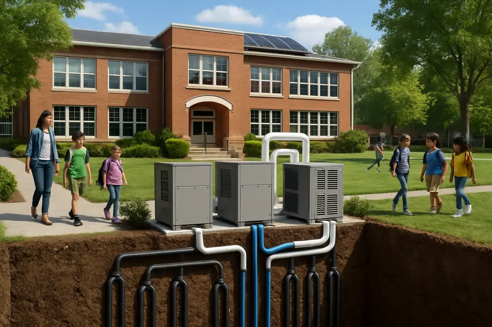 Modern school with geothermal HVAC infrastructure integrated into the campus.