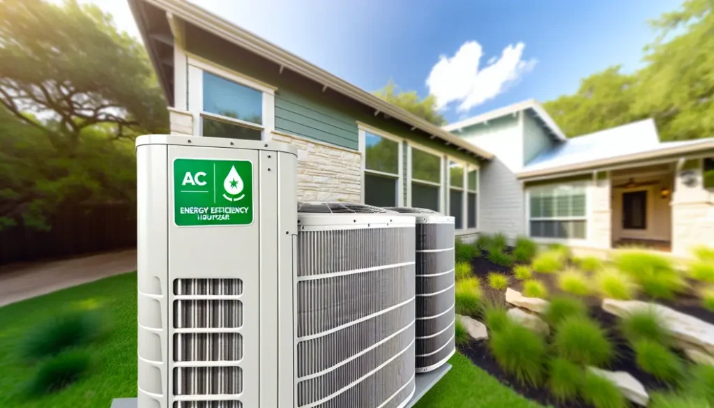 Photo-realistic image of a Houston home's exterior showcasing energy-efficient air conditioning units with lush greenery and sunlight.
