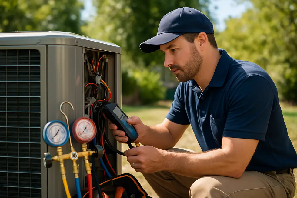 HVAC technician performing a thorough pre-season inspection of an air conditioning unit outdoors.