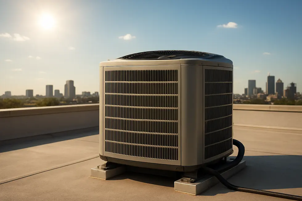 Photorealistic image of a residential HVAC system on a rooftop ready to handle extreme heat.