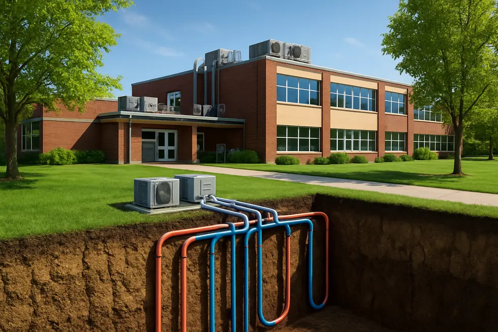 Photorealistic image of a school showing geothermal HVAC system components and underground piping in a green campus environment.