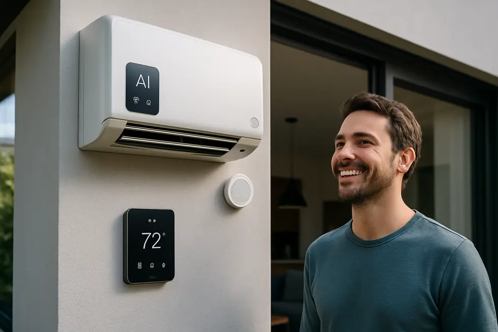 Photo-realistic image of a modern home with a sleek AI-enabled HVAC unit and digital controls, illustrating advanced climate management.