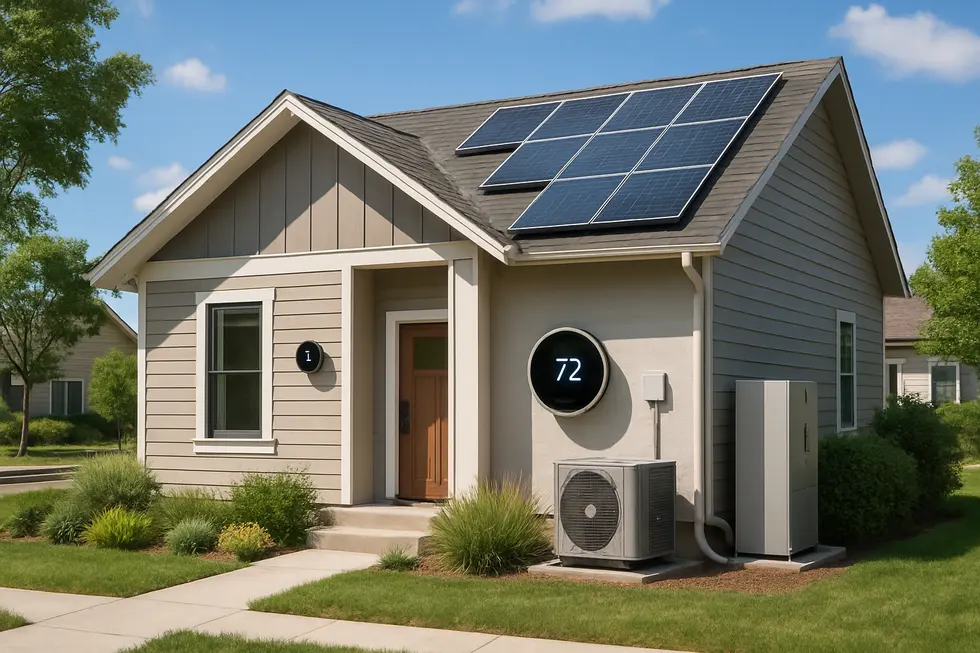 Photo-realistic image of an eco-friendly house featuring advanced HVAC technology and solar panels for sustainability.