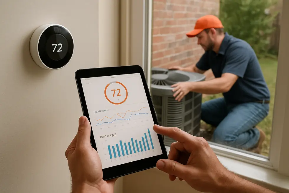Smart thermostat mounted in a Houston home with remote control smartphone showing energy management.
