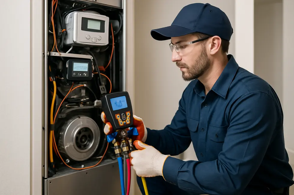 HVAC technician working on a complex residential HVAC System, showcasing industry growth and technological advancement.