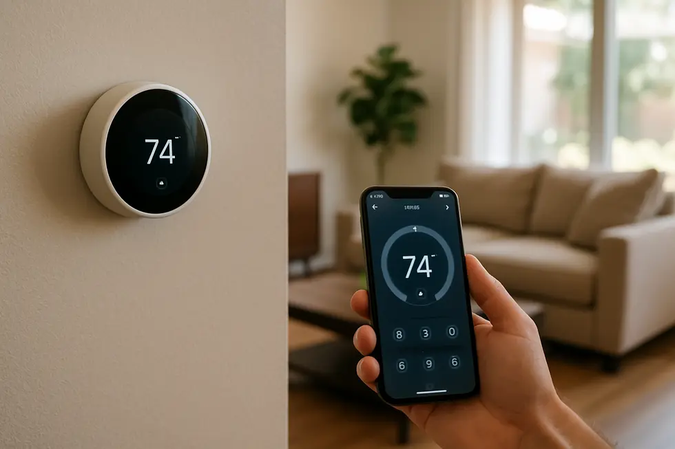 Smart thermostat mounted in a Houston home with remote control smartphone showing energy management.