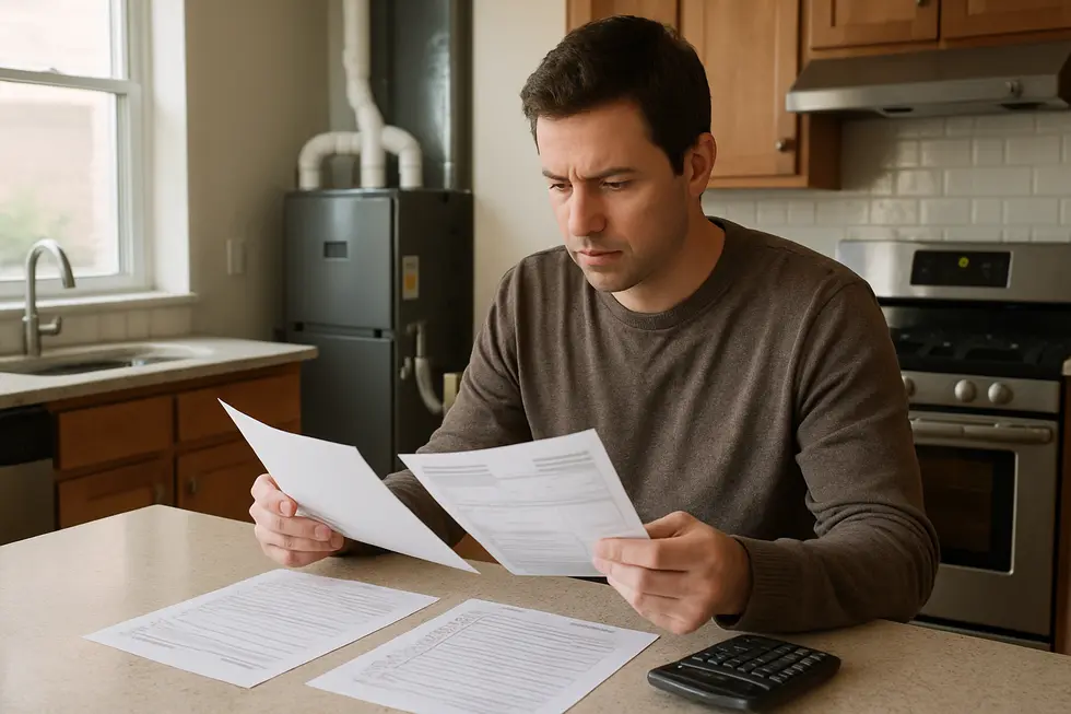 Homeowner consulting with technician about HVAC repair and replacement costs, illustrating the $5000 rule concept.