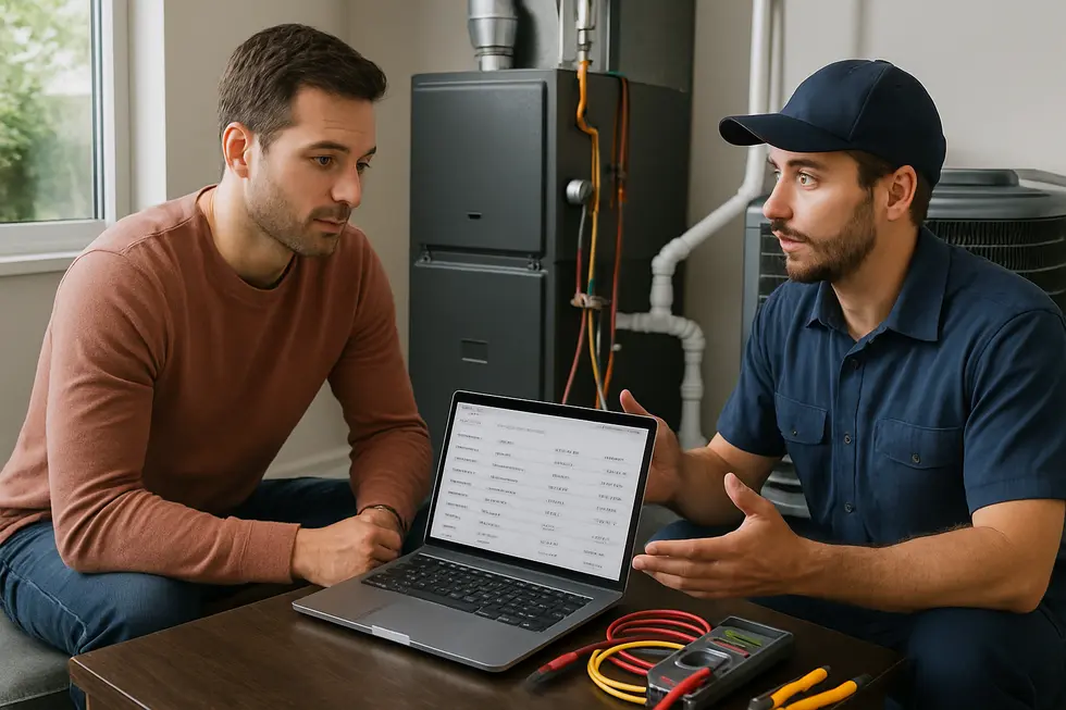 Homeowner consulting with technician about HVAC repair and replacement costs, illustrating the $5000 rule concept.